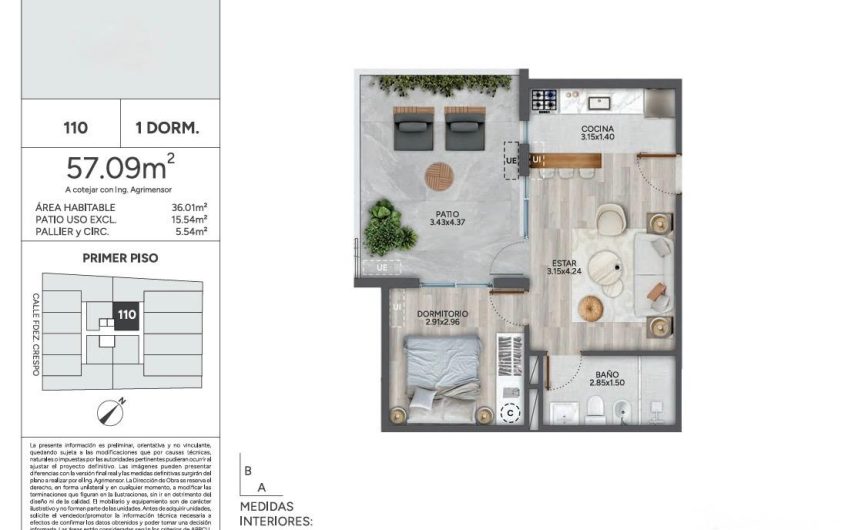 Venta de apartamento 1 Dormitorio Cordón